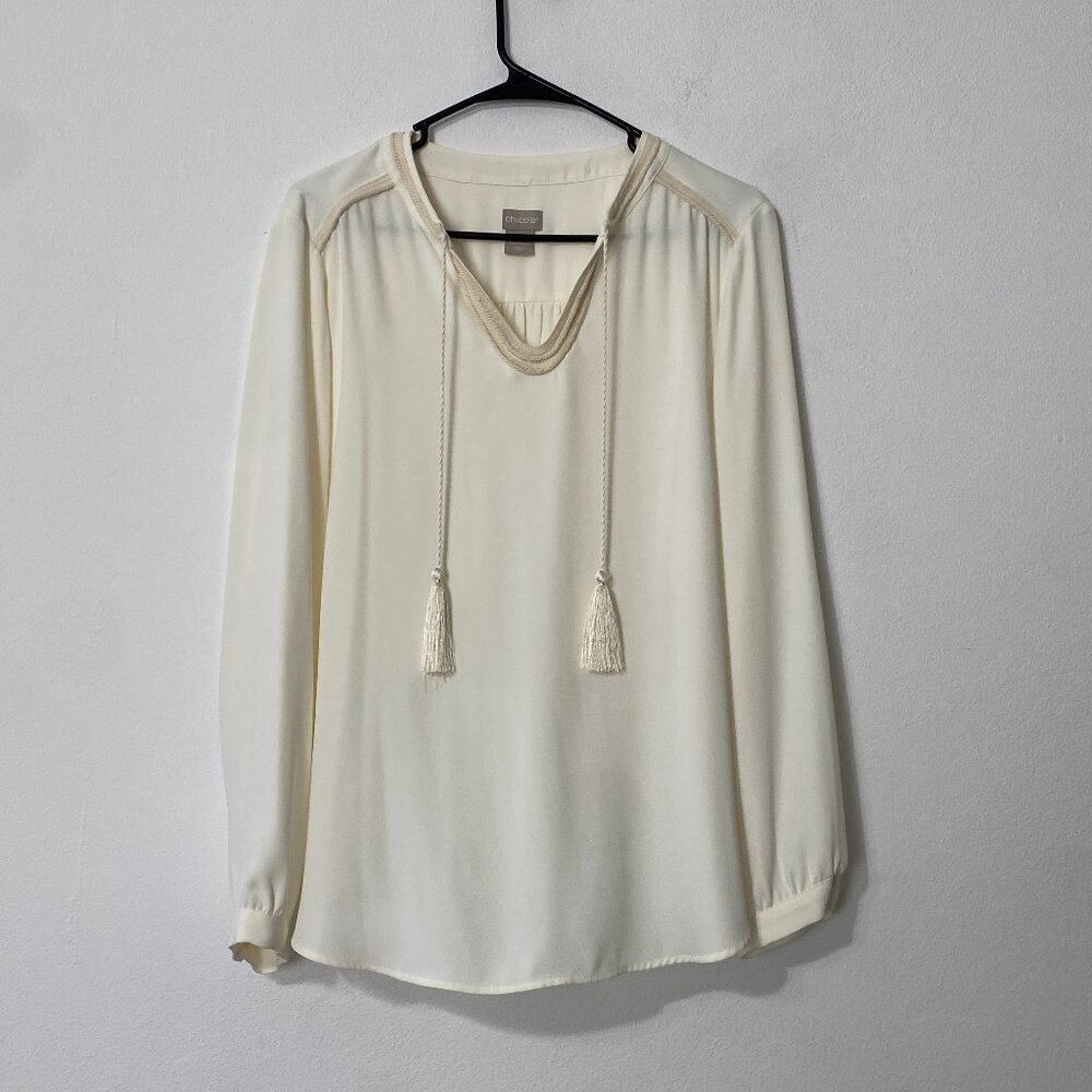 Chico's Women's Peasant Tunic Blouse Long Sleeve Trim Tassels Details Size 2